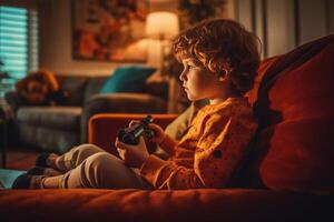 AI Generative Superhero child playing video game with joystick sitting on the couch at home  Children gaming and technology concept photo