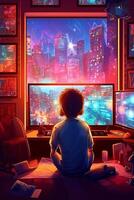 AI Generative Superhero child playing video game with joystick sitting on the couch at home  Children gaming and technology concept photo