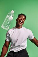 AI Generative Thirsty attractive athletic african man drinking fresh water after workout photo