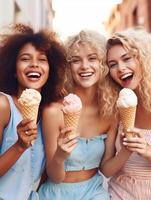 AI Generative Three cheerful teenage women eating ice cream cones on city street  Happy female tourists enjoying summer vacation in Italy  Laughing girl friends taking selfie picture outside  Su photo