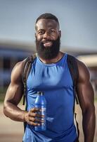 AI Generative Thirsty attractive athletic african man drinking fresh water after workout photo