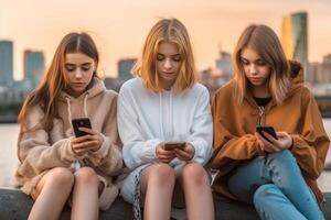 AI Generative Three happy friends watching a smart phone mobile outdoors  Millennials women using cellphone on city street  Technology social friendship and youth concept photo