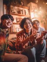 AI Generative Three women playing video games sitting on sofa at home  Happy friends having fun with social games  Technology and youth culture concept photo