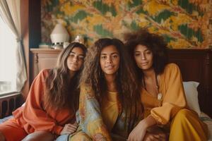 AI Generative Three young hispanic women smiling happy lying on sofa at home  Multiracial teenage girls standing upside down on the couch having fun together in living room  Happy lifestyle and photo