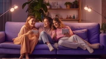 AI Generative Three young hispanic women smiling happy lying on sofa at home  Multiracial teenage girls standing upside down on the couch having fun together in living room  Happy lifestyle and photo