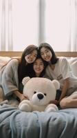 AI Generative Three young hispanic women smiling happy lying on sofa at home  Multiracial teenage girls having fun together in the living room  Happy lifestyle and friendship concept photo