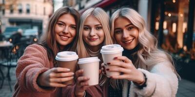 ai generativo Tres joven mujer disfrutando desayuno Bebiendo café sentado a bar cafetería vida estilo concepto con hembra amigos colgando fuera en ciudad calle comida bebida y amistad conce foto