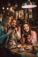 ai generativo Tres joven mujer tomando selfie imagen Bebiendo café sentado a bar cafetería vida estilo concepto con hembra amigos colgando fuera en ciudad calle comida bebida y amistad co foto