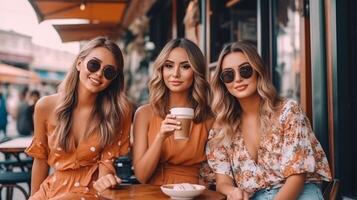 AI Generative Three young women taking selfie picture drinking coffee sitting at bar cafeteria  Life style concept with female friends hanging out on city street  Food beverage and friendship co photo