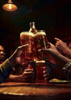 ai generativo parte superior ver de amigos aplausos con hogar elaborar cerveza en pub bar restaurante joven personas manos tostado y cervezas medio medio litro foto