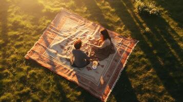 ai generativo parte superior ver de Pareja de amantes acostado en cobija en césped al aire libre disfrutando picnic hora juntos contento novio y Novia besos al aire libre encantador familia apetitoso meriendas foto