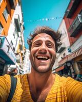 AI Generative Tourist visiting Lisbon Portugal  Happy man taking selfie picture outdoors  Travel tourism and blogger concept photo