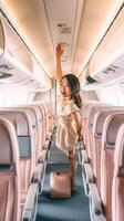 AI Generative Tourist woman making heart shape with hands in airplane  Travel addicted concept with female enjoying vacation  Travel holidays and love concept photo