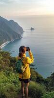 ai generativo viajero mochilero niña en el parte superior de el montaña mirando a el Oceano foto