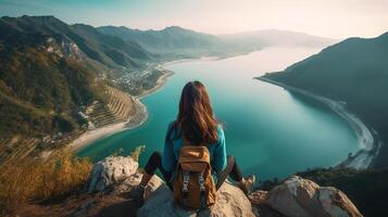 AI Generative Traveller backpacker girl on the top of the mountain looking at the ocean photo