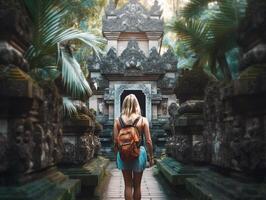 AI Generative Traveller woman posing in front of a temple in Bali Indonesia Woman with backpack on a trip in Asia photo