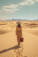 AI Generative Traveller woman walking into a rocky desert holding hat and backpack at sunset photo