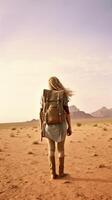 AI Generative Traveller woman walking into a rocky desert holding hat and backpack at sunset photo