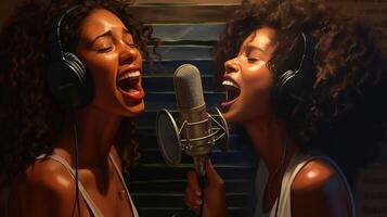 AI Generative Two beatiful women are singing on the radio Couple of multiracial girls recording a song at the studio photo