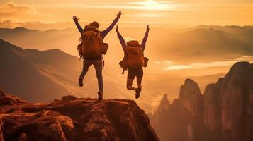 AI Generative Two hikers jumping on the top of the mountain raising arms up enjoying sunset valley view photo