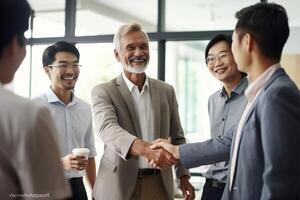 ai generativo dos multirracial empresario son sacudida manos en un trabajos reunión foto