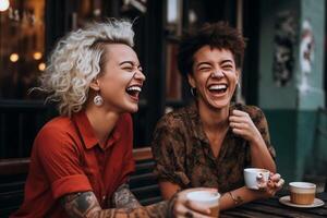 AI Generative Two happy women laughing drinking tea Couple of smiling friends having fun behind the glass of a bar photo