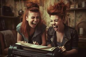 ai generativo dos mujer riendo y teniendo divertido canto juntos en micrófono en un radio estudio foto