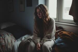 ai generativo infeliz y triste mujer vistiendo boxeo guantes y vestir llorando sentado en el cama en el habitación foto