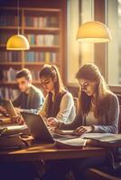 ai generativo Universidad estudiantes estudiando juntos con ordenador personal ordenador portátil multirracial joven personas trabajando en colegio asignación en un biblioteca educación y juventud cultura concepto foto