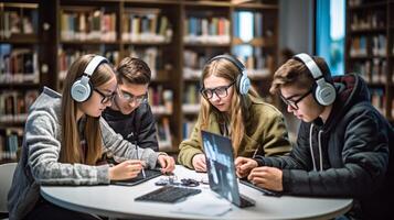 AI Generative University students studying together with pc laptop  Multiracial young people working on school assignment in a library  Education and youth culture concept photo