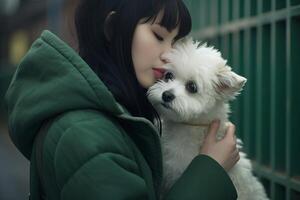 AI Generative White dog is kissing its owner in the countryside  caucasian people  people animal nature and lifestyle concept photo