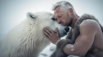 AI Generative White dog is kissing its owner outdoor  caucasian people  people animal nature and lifestyle concept photo