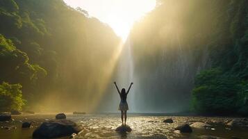 AI Generative Woman backpacker travelling a forest raising her arms to the sky in front of the waterfall in sign of freedom photo