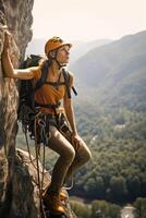 ai generativo mujer caminante con mochila sube un montaña señalando a el cielo foto