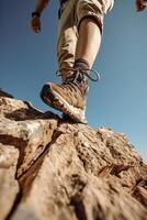 AI Generative Woman hiker with backpack is climbing in rocky mountain Focus on the shoe photo