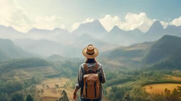 AI Generative Woman hiker with backpack standing on the top of the mountain looking the scenic view  Traveler enjoying nature  Sport and journey concept photo