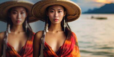 ai generativo mujer en asiático vestir y sombrero participación hombre por mano de viaje Asia pov ver foto