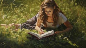 AI Generative Woman lying on the grass read a book in the countryside photo