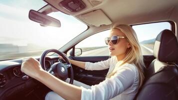 ai generativo mujer relajante en su coche mientras conducción en el campo joven frio niña con Zapatos fuera de el automóvil ventana a disfrutar el ver en Hora de verano foto