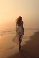 ai generativo mujer caminando en un arenoso playa a puesta de sol joven niña disfrutando libertad en amanecer foto