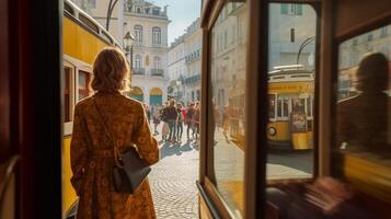 AI Generative Woman tourist with famous yellow funicular tram of Lisbon Portugal  Tourist attraction  Europe destinations lifestyle concept photo