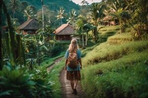 ai generativo mujer con mochila caminando a grande Entrada portón en bali Indonesia foto