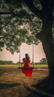 AI Generative Woman with hat enjoying freedom on a swing in Bali Indonesia Life adventure and peaceful feelings photo