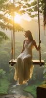 AI Generative Woman with hat enjoying freedom on a swing in Bali Indonesia Life adventure and peaceful feelings photo