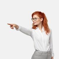AI Generative Young beautiful caucasian woman pointing to copy space isolated on white background photo