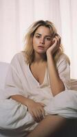 AI Generative Young blonde woman suffering from abdominal pain sitting on her white bed at home photo