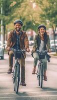 ai generativo joven Pareja teniendo divertido en el ciudad yendo para un bicicleta paseo a vacaciones foto