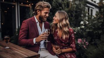 ai generativo joven Pareja en amor en un fecha teniendo divertido Bebiendo rojo vino en casa de Campo jardín multirracial novio y Novia disfrutando vino saboreo fin de semana experiencia a restaurante patio foto