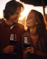 AI Generative Young couple in love on a date having fun drinking red wine in farmhouse garden  Multiracial boyfriend and girlfriend enjoying wine tasting weekend experience at restaurant patio photo