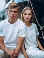 AI Generative Young couple in love outdoor Sensual outdoor portait of young stylish fashion couple posing in summer in the city photo